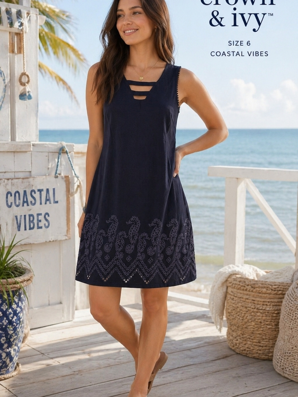 crown & ivy Navy Embroidered  Dress